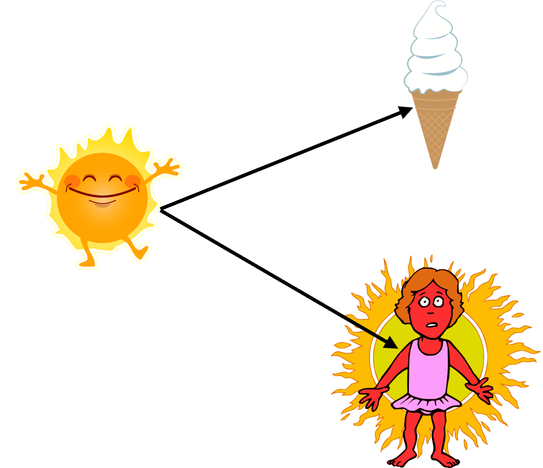Example of a common cause or fork creating a spurious correlation between two unrelated variables (ice cream consumption and sunburns). Figure created by J. Fieberg using clipart in the public domain.